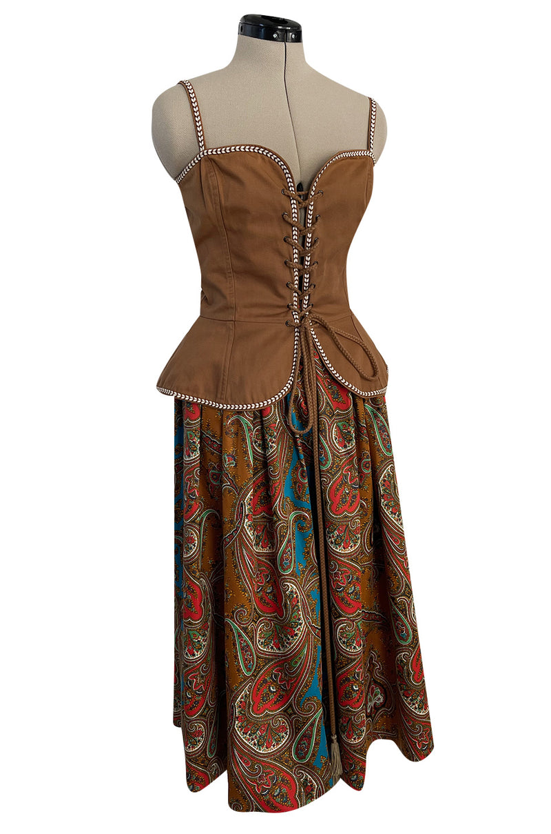 Documented Spring 1977 Yves Saint Laurent Iconic Laced Corset Top & Matching Printed Skirt