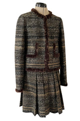 Stunning Fall 2005 Chanel Metallic Silk Mohair Fur Trimmed Tweed Jacket & Pleated Skirt Suit