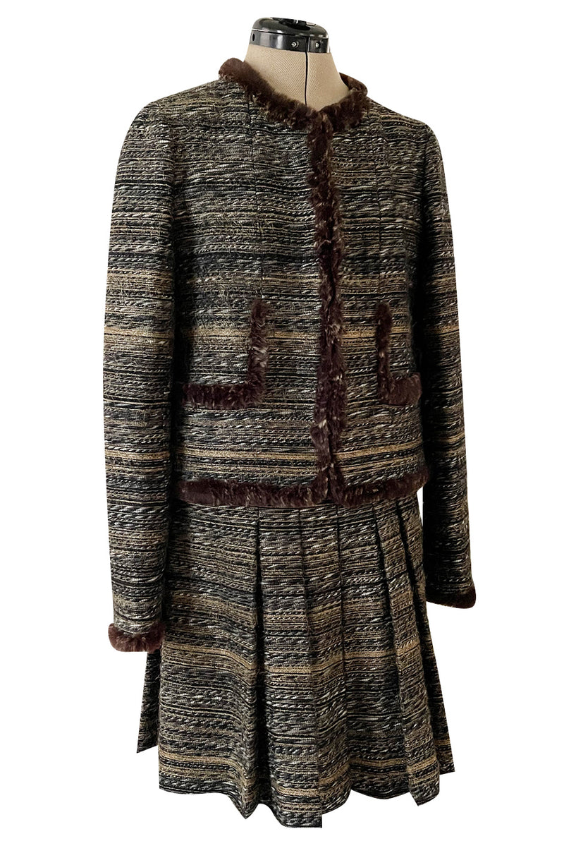 Stunning Fall 2005 Chanel Metallic Silk Mohair Fur Trimmed Tweed Jacket & Pleated Skirt Suit