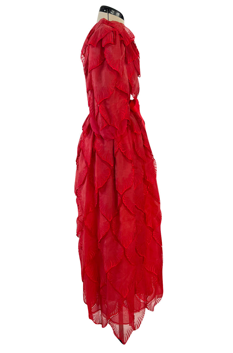1980s Unlabeled Nina Ricci by Girard Pipard Haute Couture Red Silk & Net Leaf or Petal Dress