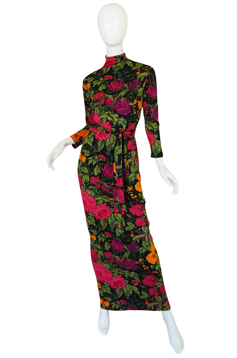 1970s La Mendola Long Silk Jersey Print Dress
