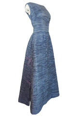 c.1965 Sybil Connolly Couture Bow Detailed Blue Pleated Irish Linen Dress