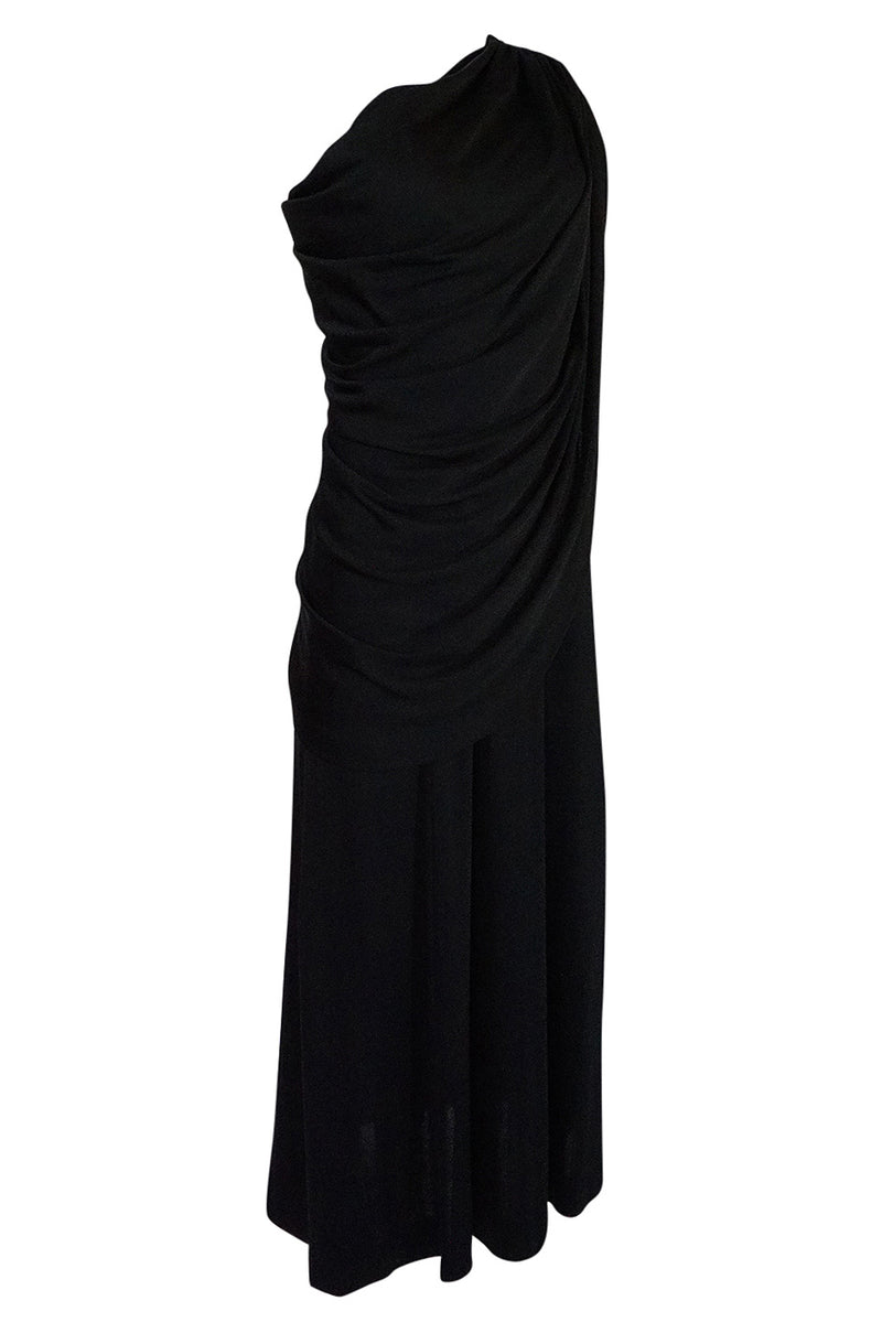 1970s Joy Stevens Black Jersey Draped One Shoulder Dress