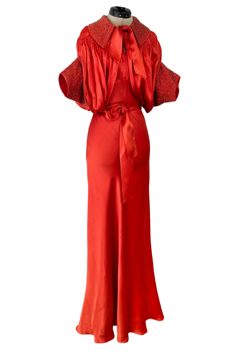 Gorgeous 1930s Coral Red Bias Cut Dress w Back Cut Outs & Matching Beaded Jacket