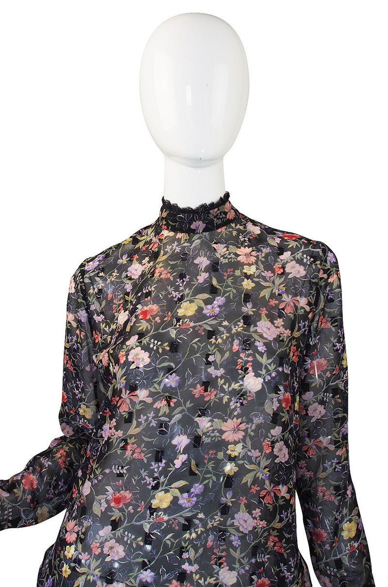 1980s Floral Silk Chiffon Hanae Mori Ruffle Dress