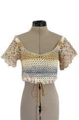 1960s Handmade Crocheted Crop Top w Blue & Gold Metallic Accents