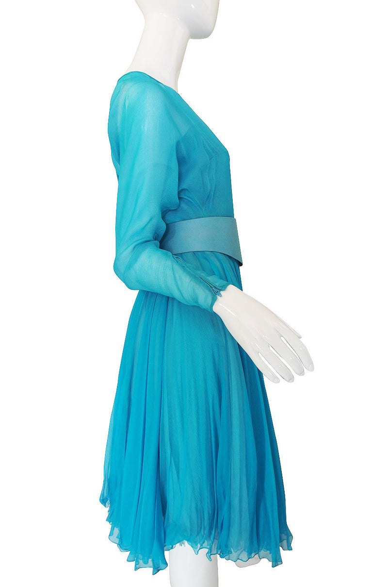 1960s Blue Silk Chiffon James Galanos Dress