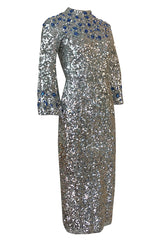 c.1967 Gene Shelly Blue Crystal & Silver Sequin Stretch Knit Dress