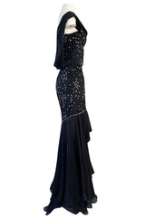 1980s Genny Draped Backless Black Silk Dress w Silver Star Thread Detailing