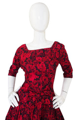 1960s Red Roses Pouf Skirt Cocktail Dress