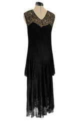 Light as Air Late 1920s Unlabeled Fine Black Lace Dress w Matching Jacket & Rhinestone BuckleBelt