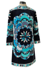 Gorgeous 1960s Emilio Pucci Velvet Dress in Ocean Blues & Classic Circle Print