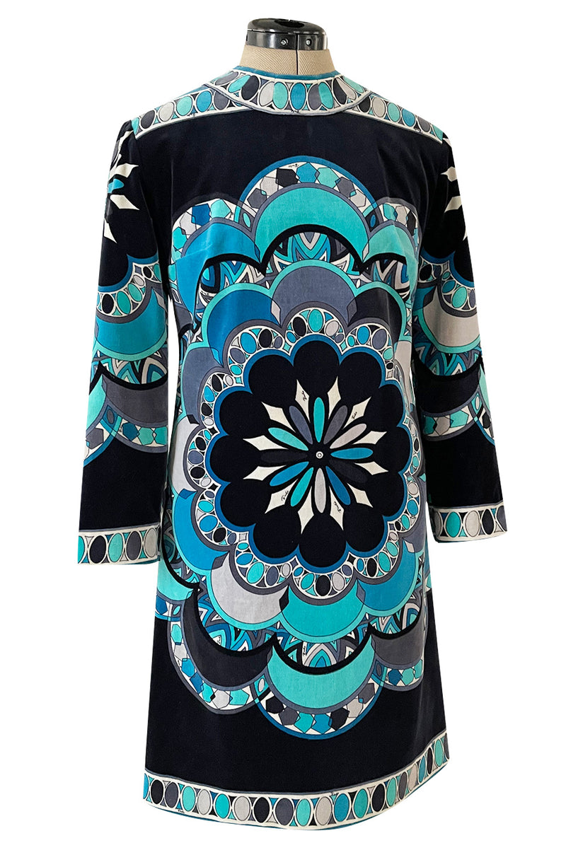 Gorgeous 1960s Emilio Pucci Velvet Dress in Ocean Blues & Classic Circle Print