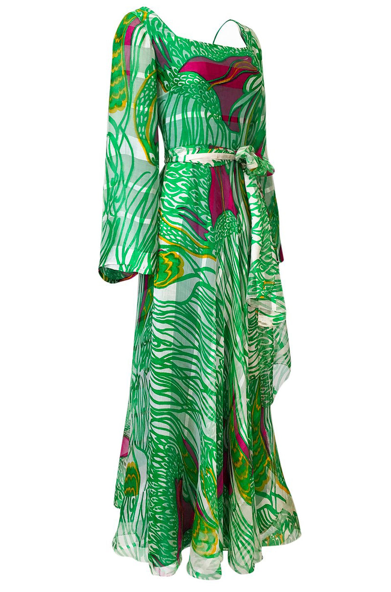 1970s Brilliant Green w Bright Pink Accents Printed Ribbon Silk Chiffon Full Length Maxi Dress