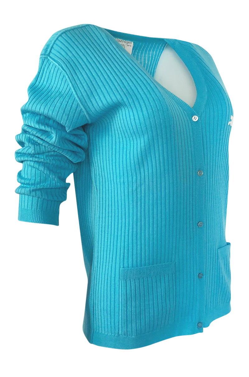 c.1978 Courreges Bright Turquoise Button Up Sweater Cardigan