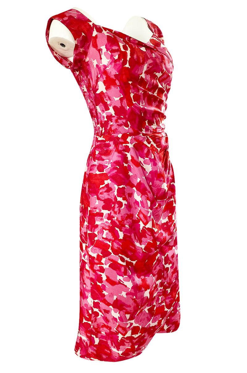 1940s Peggy Wood Pink Printed Silky Rayon Crepe Hawaiian Sarong Dress