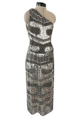 Spring 1981 Unlabeled Halston One Shoulder Silver Sequin & Black Silk Chiffon Dress