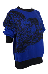 1980s Yves Saint Laurent Oversized Eagle Print Blue Wool Sweater