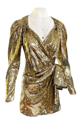 Exclusive 2018 Attico for Luisaviaroma Gold Sequin Wrapped Plunging Mini Dress