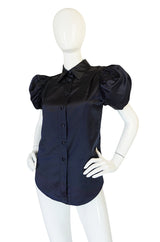 Stunning Recent Prada Deep Blue Silk Pouf Sleeve Top