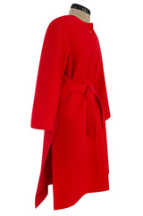 Unusual 1970s Valentino Boutique Red Wool Wrap & Tie Dress w Open Sides and Button Neck