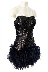 1970s Strapless Black Sequin Micro Mini Dress w Feather Hem