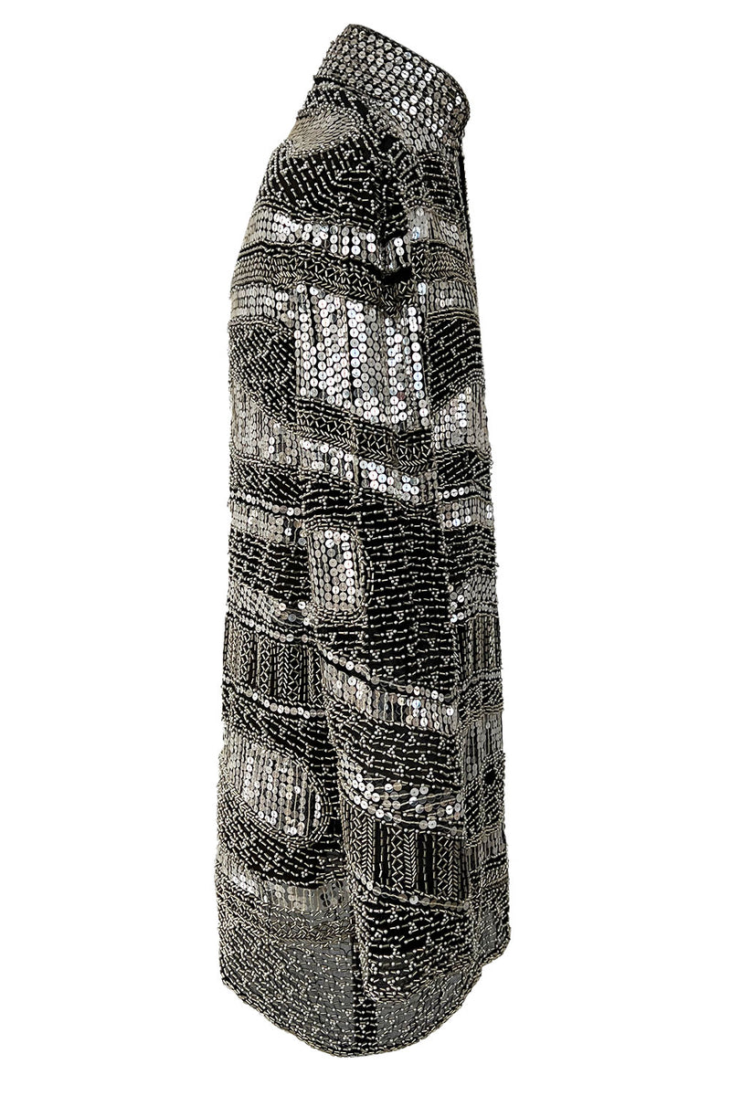 Sparkly Spring 1981 Halston Silver Sequin & Beaded Black Silk Chiffon Jacket