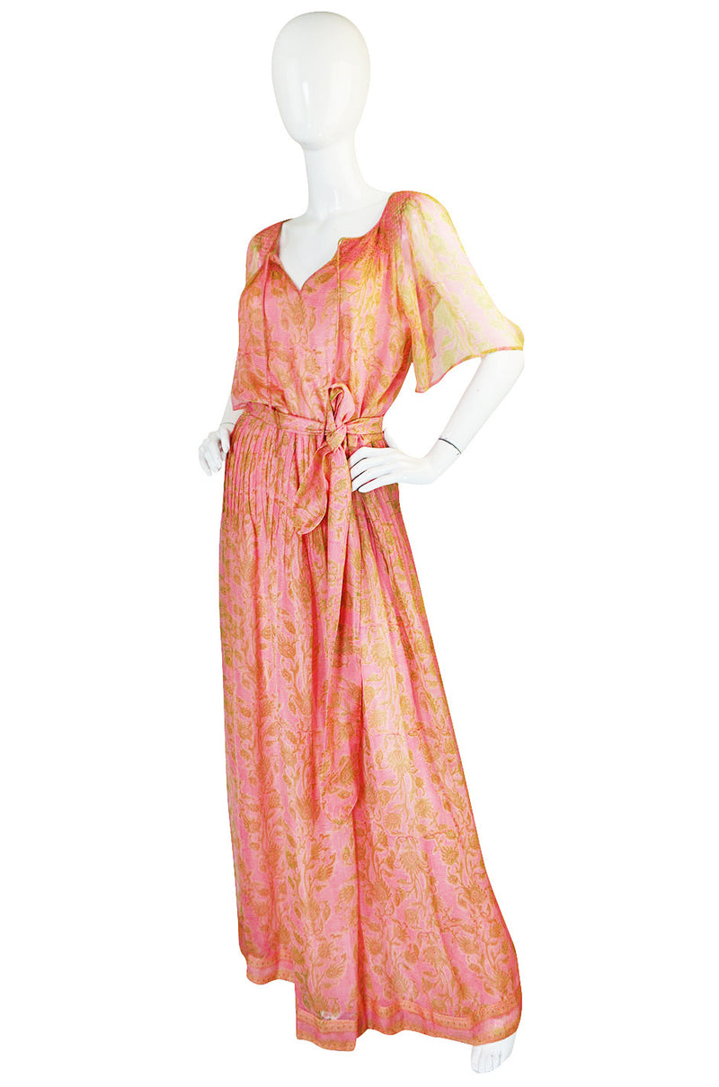 1970s Pink Print Silk Chiffon Treacy Lowe Caftan Dress