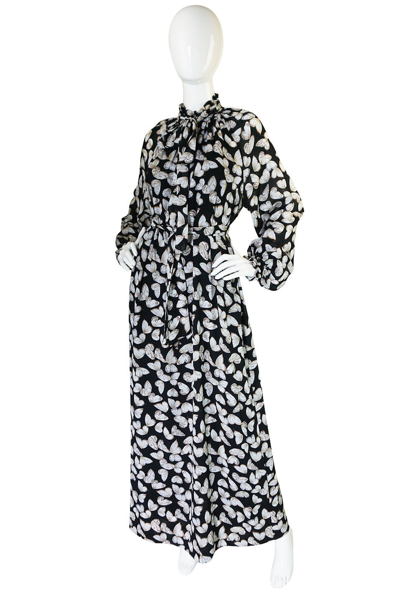 1970s Silk Butterfly Print Hanae Mori Caftan Dress