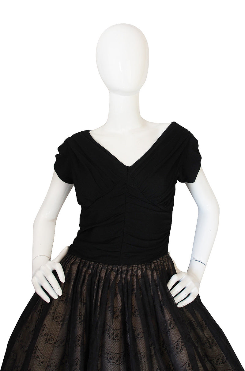 1950s Silk Jersey & Tulle Lace Full Skirted Dress