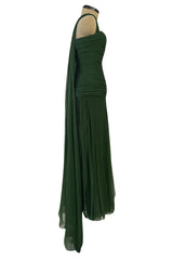 Spectacular Late 1970s Galanos Moss Green Silk Chiffon Car Wash Hem Dress w Draped Shoulder Panel