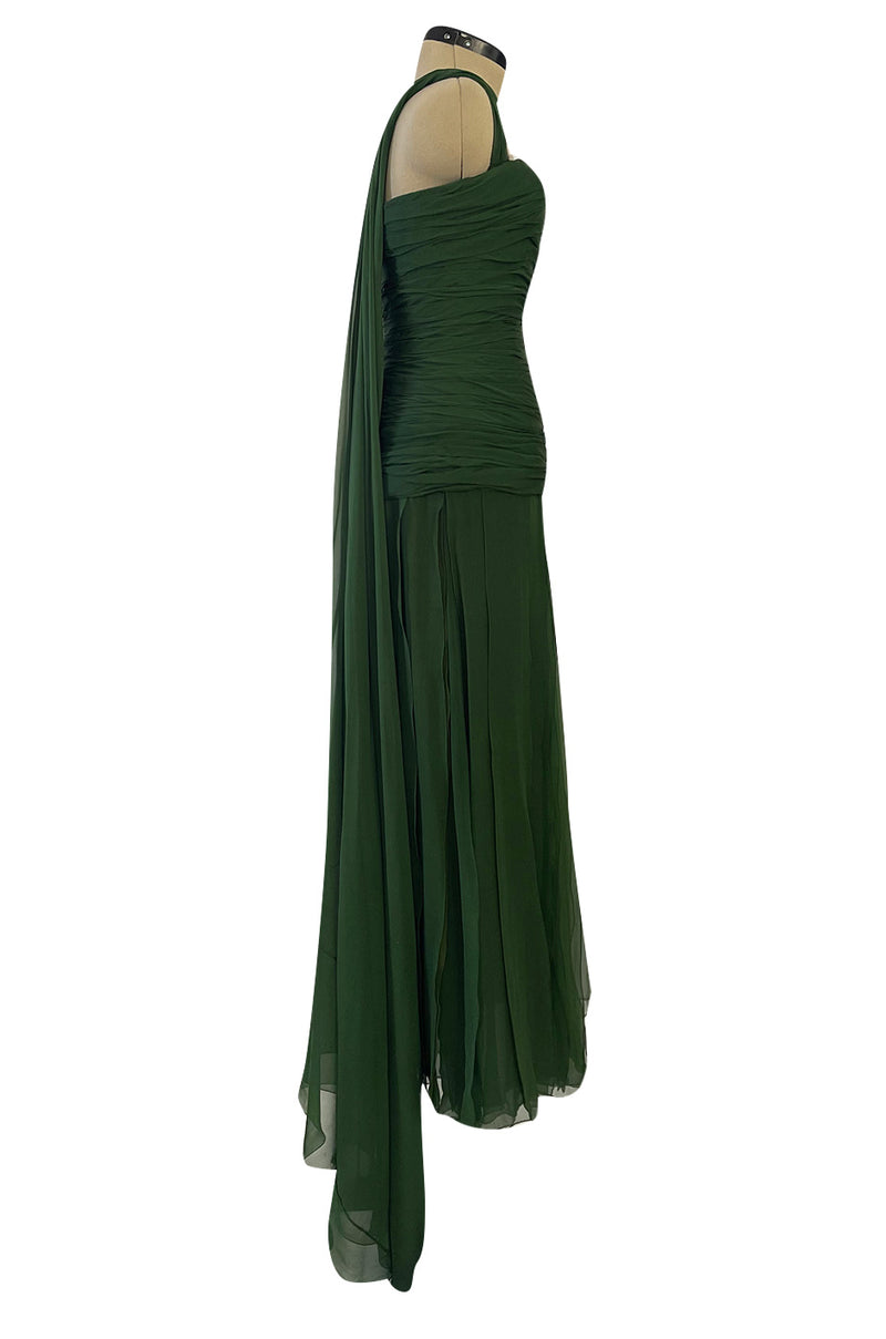 Spectacular Late 1970s Galanos Moss Green Silk Chiffon Car Wash Hem Dress w Draped Shoulder Panel