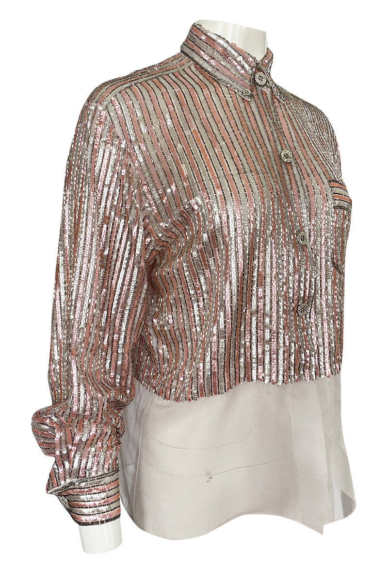 Late 1970s Oscar de la Renta Pink & Silver Sequin Top w Rhinestone Buttons