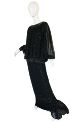 1980s Wayne Clark Backless Silver Glitter Trained Chiffon Dress