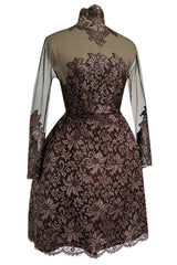 Extraordinary 1990s John Anthony Couture Deep Bronze Lace & Black Silk Netting Full Skirted Dress