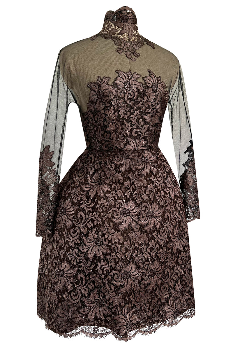 Extraordinary 1990s John Anthony Couture Deep Bronze Lace & Black Silk Netting Full Skirted Dress