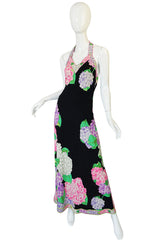 Gorgeous 1970s Silk Jersey Floral Print Leonard Halter Dress