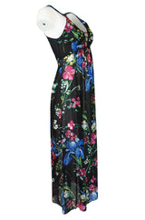 1960s Unlabeled Bright Floral Print On Black Nylon Lingerie Dress