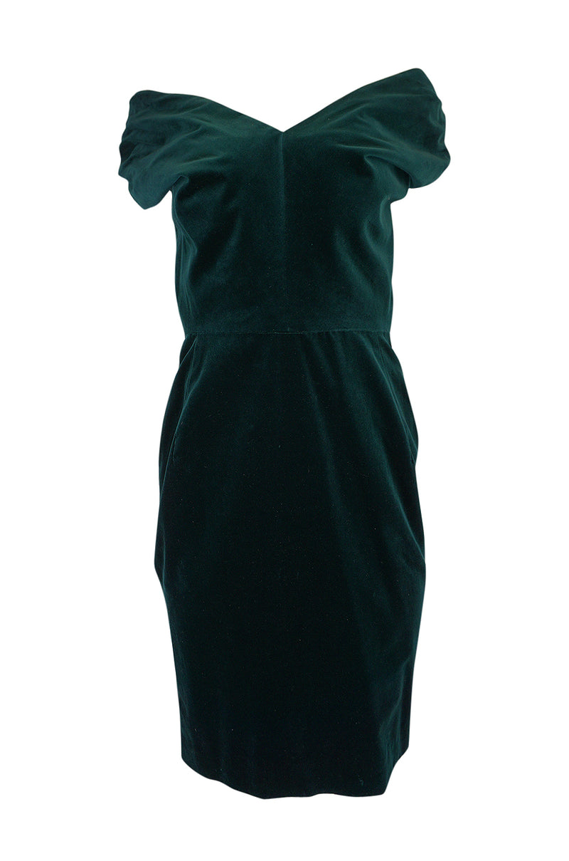 A/W 1989 Antony Price Bottle Green Velvet Dress w Removeable Bows