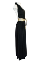 Documented 1980 Bill Tice Plunge Black & Gold Backless Halter Dress