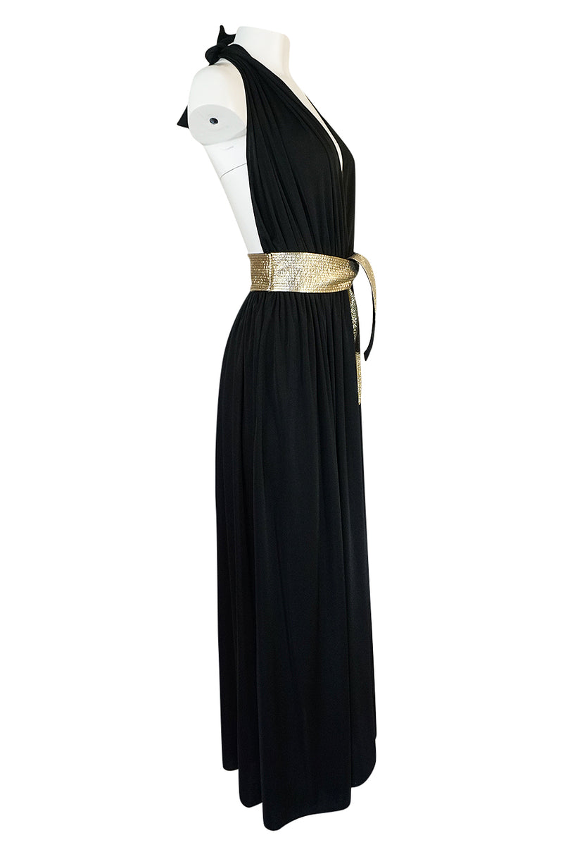 Documented 1980 Bill Tice Plunge Black & Gold Backless Halter Dress