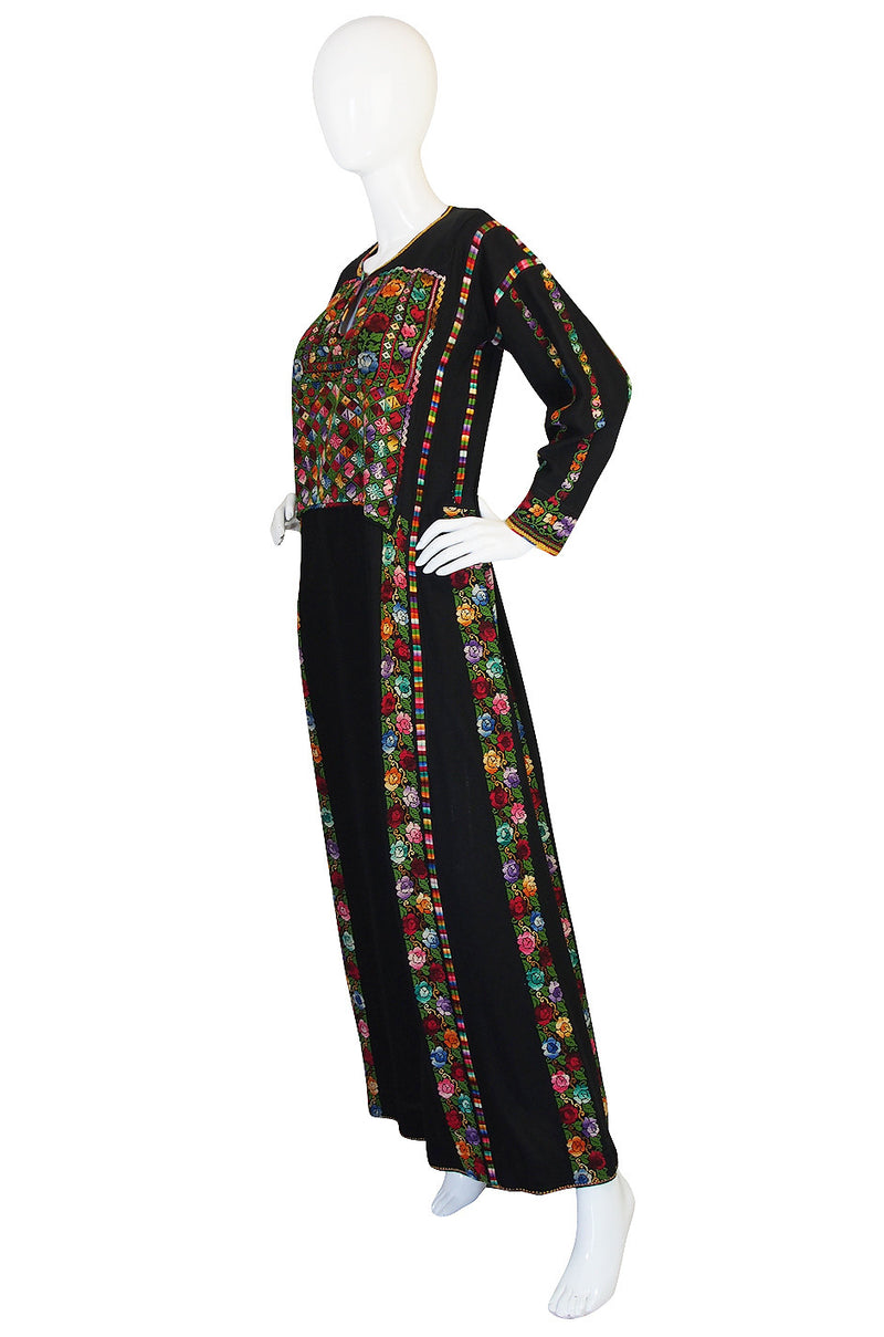 1960s Bright Thread Hand Embroidered Black Caftan