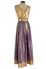 Fabulous 1970s Adolfo Metallic Gold, Green and Purple Silk Skirt, Tassle Belt & Top Set