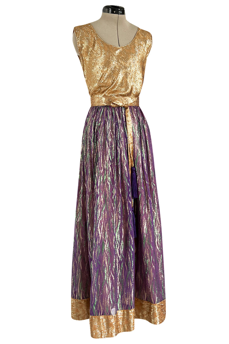 Fabulous 1970s Adolfo Metallic Gold, Green and Purple Silk Skirt, Tassle Belt & Top Set