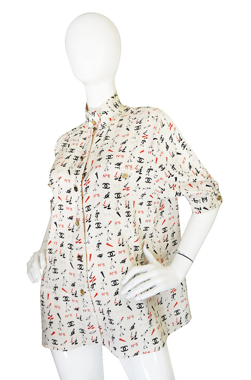 1990s Iconic Chanel No 5 Printed Silk Top