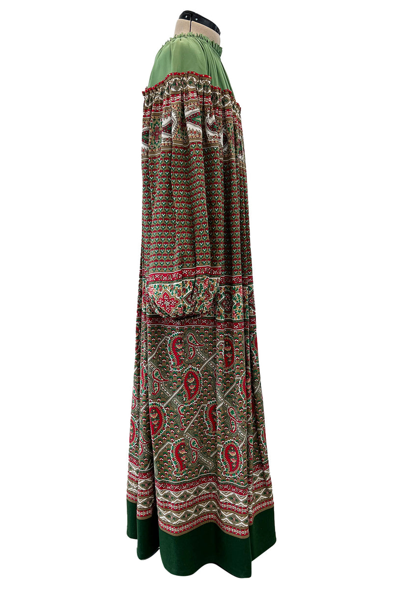 Gorgeous 1970s Lanvin Couture Printed Gathered Silk Caftan Dress w Balloon Sleeves & Felt Hem