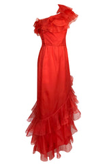 1980s Bellville Sassoon Ruffled Red Chiffon One Shoulder Dress