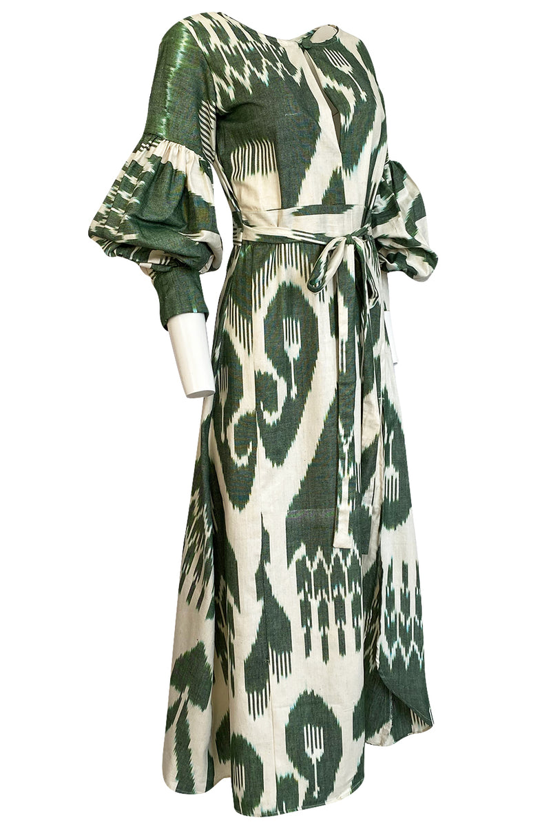 2018 Zazi Handmade Vintage Green & Ivory Cotton Ikat Caftan Dress