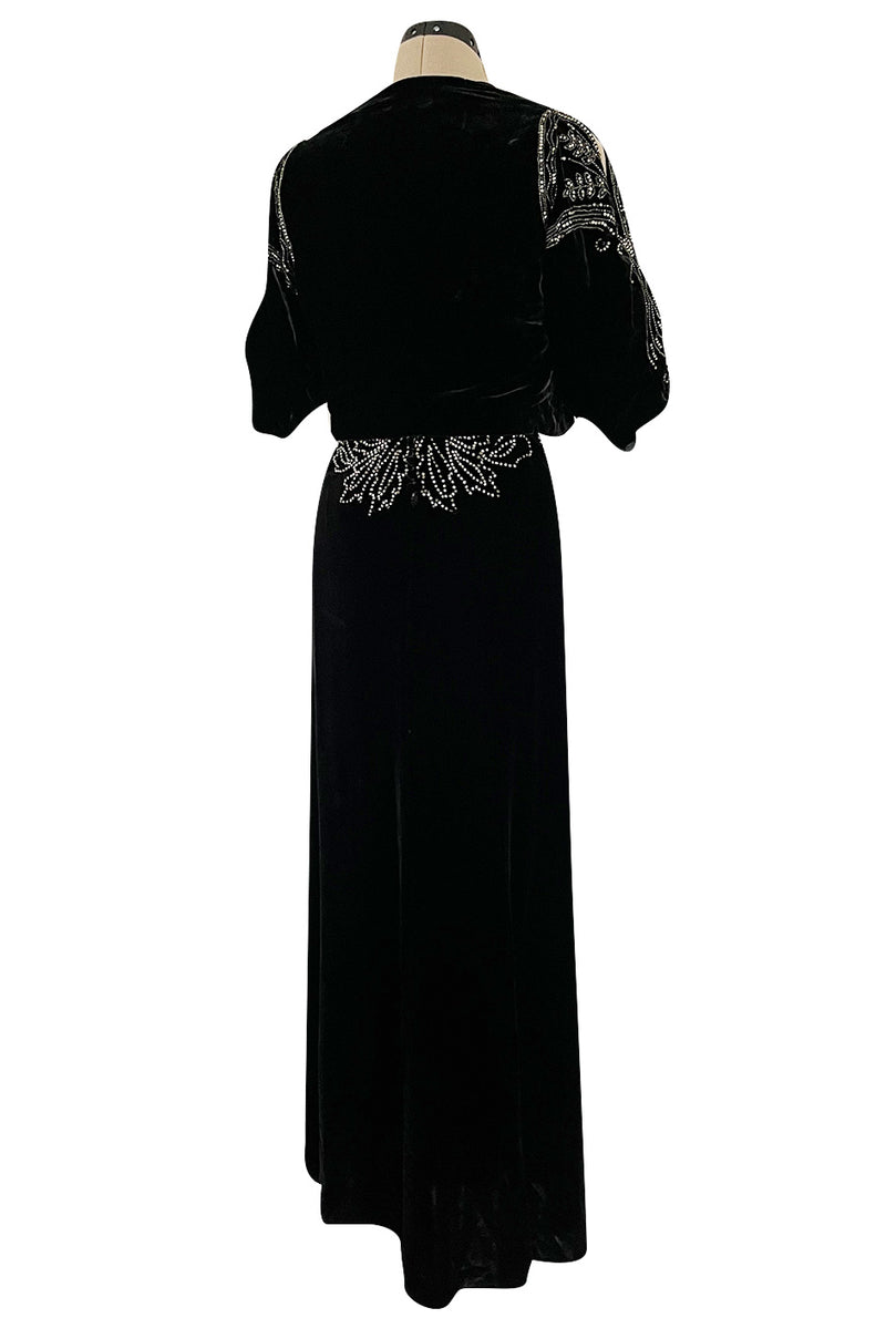 Rare 1920s 1930s Unlabeled Silk Velvet Dress w Rhinestones & Matching Open Shoulder Jacket