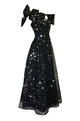 1986 Murray Arbeid Silver Glitter Stars & Bows Ballgown Dress